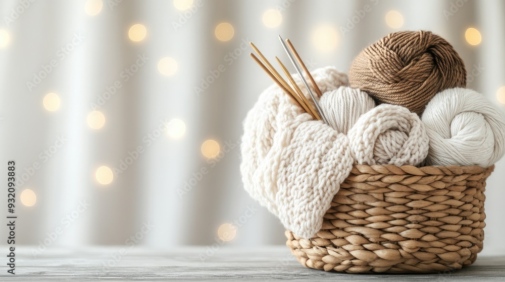A basket brimming with pastel yarn and knitting needles rests on a table, illuminated by gentle bokeh lights from the blurred background A basket brimming with pastel yarn and knitting needles rests on a table, illuminated by gentle bokeh lights from the blurred background