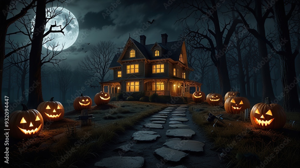 Halloween pumpkin glows spooky night evil forest terrified faces generated by artificial intelligence Halloween pumpkin glows spooky night evil forest terrified faces generated by artificial intelligence