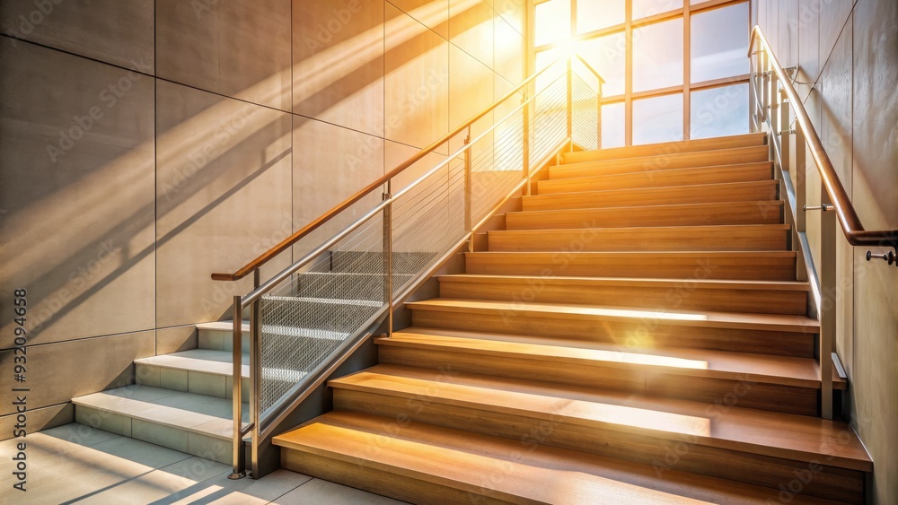 Empty staircase with modern handrail and sleek steps leading downward, casting a gentle shadow in a warm and inviting atmosphere with soft natural light. Empty staircase with modern handrail and sleek steps leading downward, casting a gentle shadow in a warm and inviting atmosphere with soft natural light.