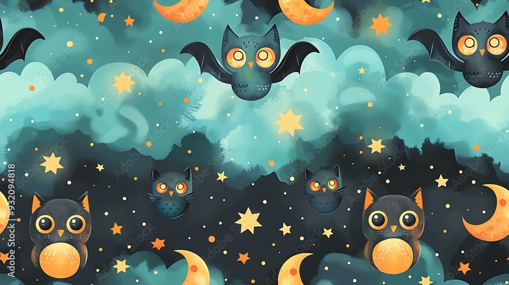 A seamless pattern of charming cartoon bats and owls flying through a misty night sky, with glowing stars and crescent moons, cool night colors, ethereal glow, hd quality, natural look. A seamless pattern of charming cartoon bats and owls flying through a misty night sky, with glowing stars and crescent moons, cool night colors, ethereal glow, hd quality, natural look.