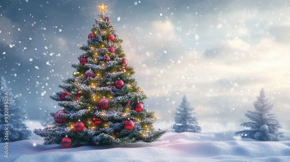 Elegant Christmas tree decorated with shimmering baubles and ornaments in a winter scene, showcasing festive colors and holiday cheer, rendered in a realistic 3D illustration. Elegant Christmas tree decorated with shimmering baubles and ornaments in a winter scene, showcasing festive colors and holiday cheer, rendered in a realistic 3D illustration.