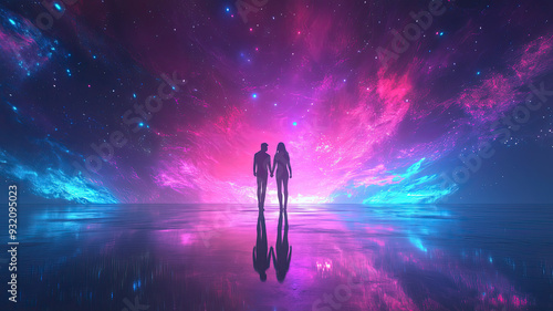Us against the world cyberpunk rainbow futuristic couple holds hands and faces the universe together. Colorful outer space background powerful art