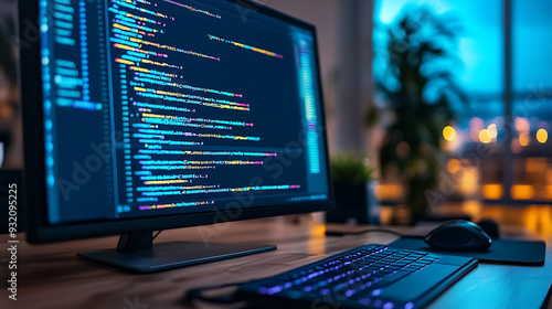 A side-profile portrait of a skilled and attractive consultant, deeply focused and concentrated, writing code and creating a new digital desktop app in a dimly lit indoor workspace.