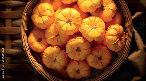 Ripe pumpkins in a harvest basket. Autumn harvest of pumpkins. Pumpkins Halloween decoration. Healthy vegetables. Diet, nutrition. Patisons in a harvest basket. photo