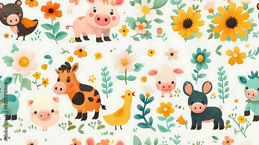 Naklejka premium A seamless pattern of charming cartoon farm animals like cows, pigs, and chickens, playing around a barnyard, warm tones, detailed textures, sunny day lighting, hd quality, natural look.