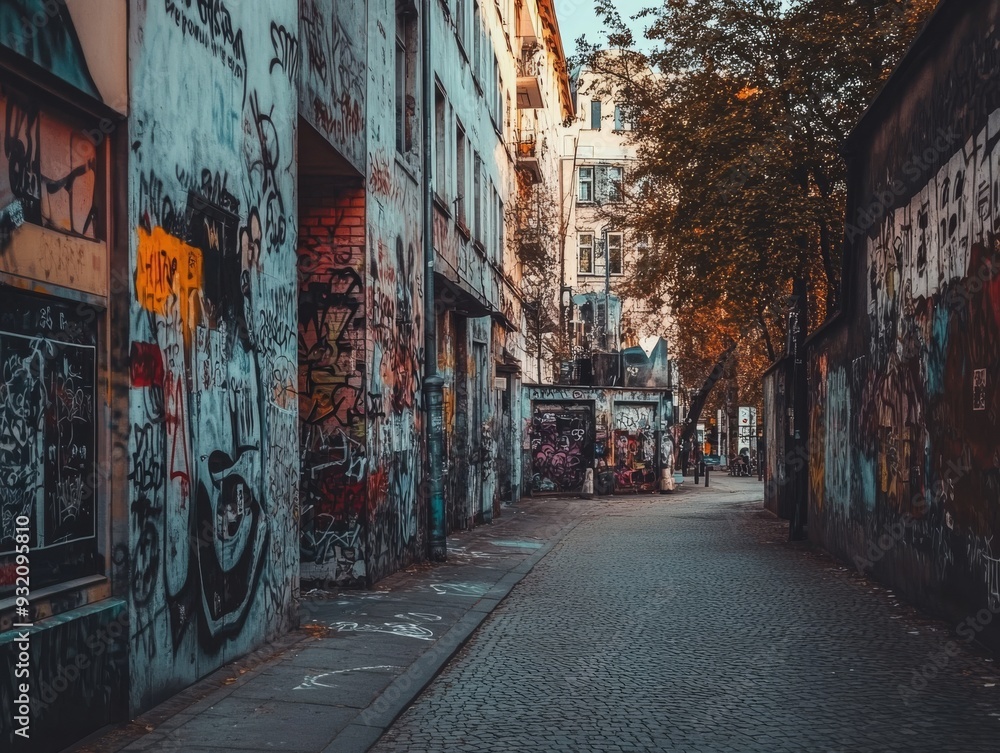 Urban street with colorful graffiti in a quiet alley during autumn Urban street with colorful graffiti in a quiet alley during autumn