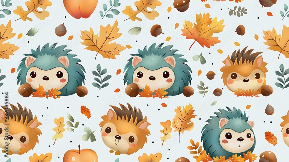 Naklejka premium A seamless pattern of charming cartoon hedgehogs nestled among apples, mushrooms, and acorns, with autumn leaves scattered around, rich earthy tones, detailed fur and foliage textures, soft shadows,
