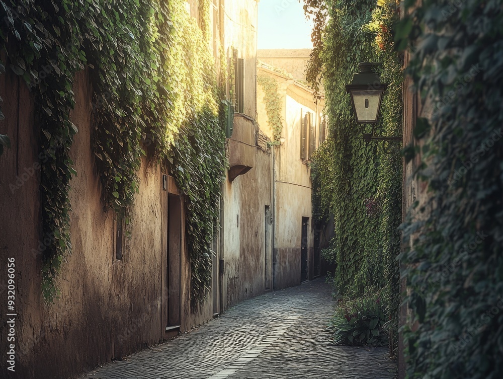 Φωτογραφία A quaint cobblestone alleyway adorned with lush ivy in a historic neighborhood a