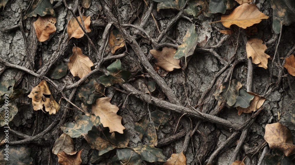 Realistic forest camouflage made of overlapping branches, leaves, and natural elements, blending seamlessly into the wild environment for hunting or outdoor activities. Realistic forest camouflage made of overlapping branches, leaves, and natural elements, blending seamlessly into the wild environment for hunting or outdoor activities.