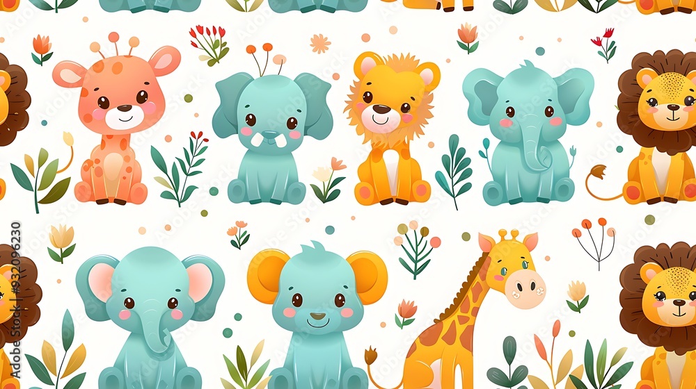 Naklejka premium A seamless pattern of charming cartoon lions, giraffes, and elephants playing together in the golden savannah, surrounded by tall grass and distant mountains, warm and bright colors, soft sunlight,
