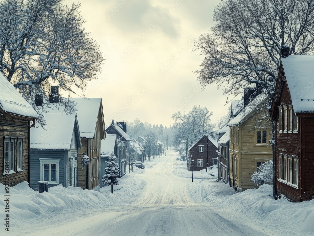 Snow-covered village street in winter with wooden houses and trees, captured on a cloudy day Snow-covered village street in winter with wooden houses and trees, captured on a cloudy day