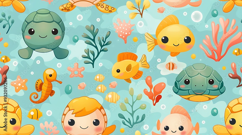 A seamless pattern of cheerful cartoon fish, turtles, and seahorses swimming in a bright coral reef, vivid colors, playful bubbles, intricate coral textures, soft lighting, hd quality, natural look. A seamless pattern of cheerful cartoon fish, turtles, and seahorses swimming in a bright coral reef, vivid colors, playful bubbles, intricate coral textures, soft lighting, hd quality, natural look.