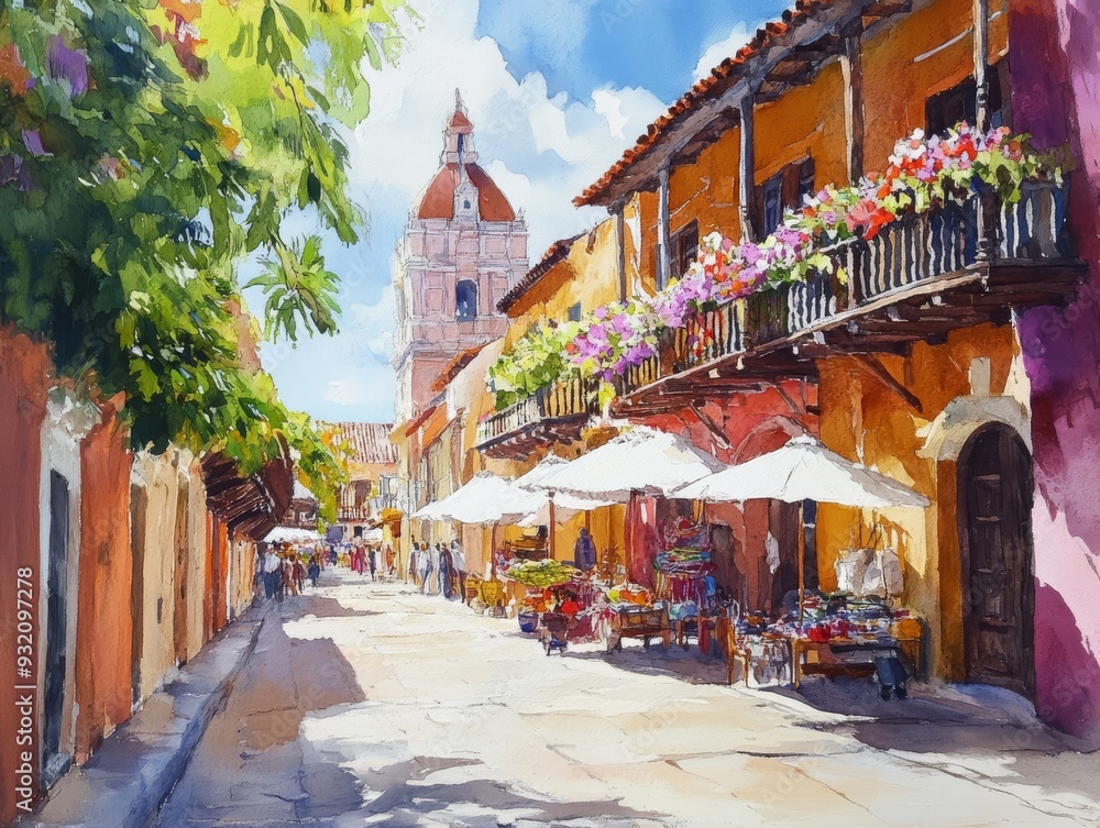 Fototapeta premium Colorful marketplace in a quaint town with flowers and vibrant buildings on a sunny day