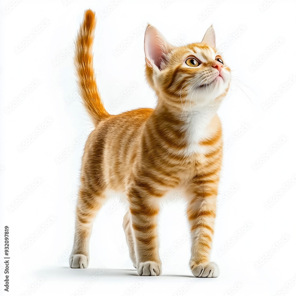 Fototapeta premium Curious Ginger Cat Walking on White Background
