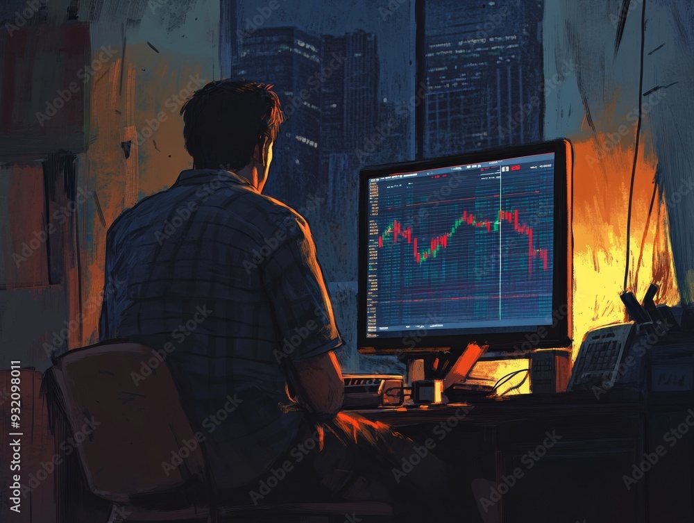 Man analyzing stock market data on computer in a dimly lit office at night with city skyline in the background Man analyzing stock market data on computer in a dimly lit office at night with city skyline in the background