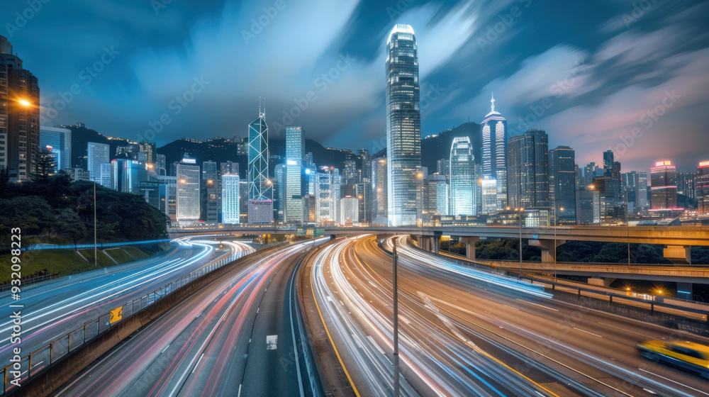 Fototapeta premium Highway in Hong Kong at night with a city skyline background