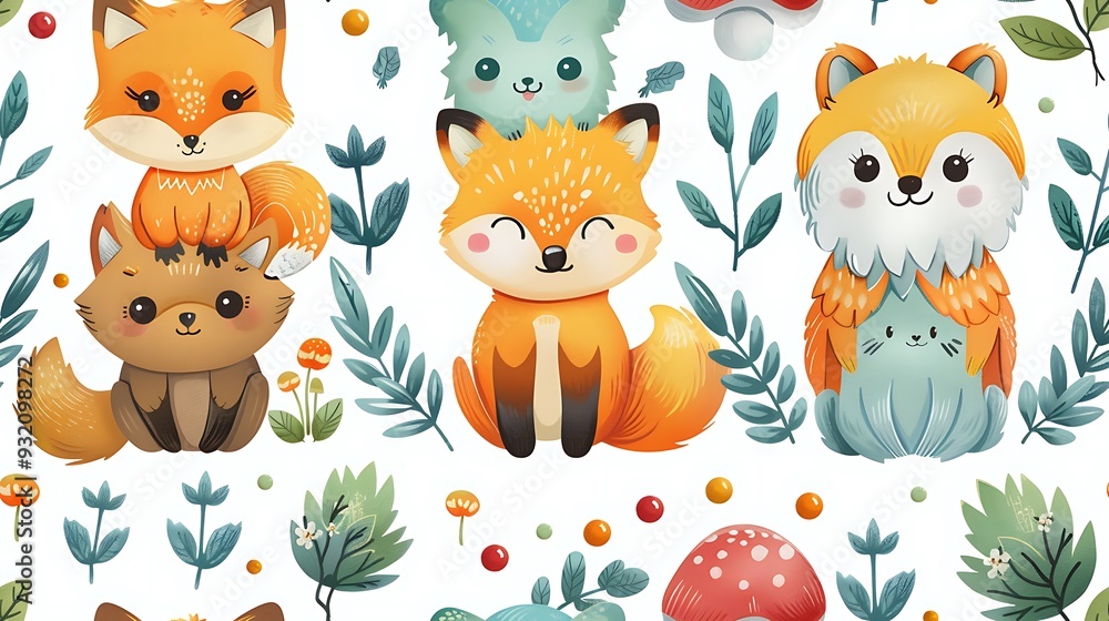 Naklejka premium A seamless pattern of cute cartoon bears, foxes, and owls exploring a vibrant forest, surrounded by berries, mushrooms, and tall trees, bright and warm colors, soft sunlight, hd quality, natural look.