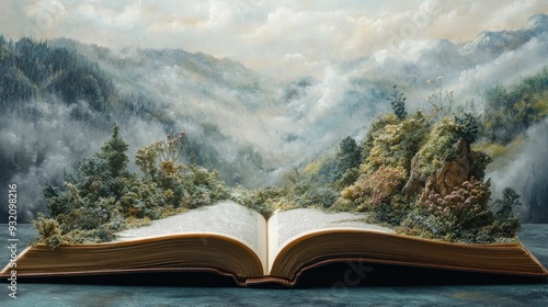 Open Book With Miniature Mountain Landscape Growing Out