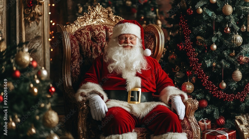 Santa Claus is sitting in a luxurious chair near the Christmas tree Santa Claus is sitting in a luxurious chair near the Christmas tree