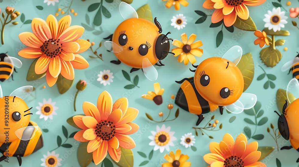 A seamless pattern of cute cartoon bees gathering nectar from blooming sunflowers and dandelions, surrounded by honeycombs and leaves, warm yellows and greens, detailed textures, hd quality, A seamless pattern of cute cartoon bees gathering nectar from blooming sunflowers and dandelions, surrounded by honeycombs and leaves, warm yellows and greens, detailed textures, hd quality,