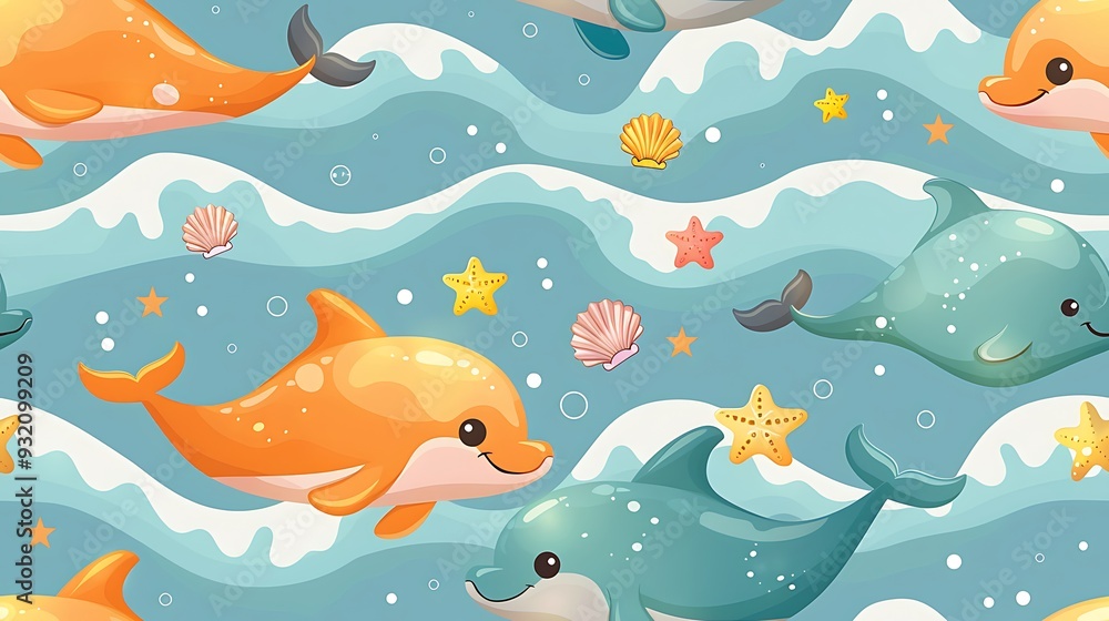 A seamless pattern of cute cartoon dolphins leaping through ocean waves, surrounded by starfish and seashells, vibrant blues and turquoises, detailed water textures, soft sunlight, hd quality, A seamless pattern of cute cartoon dolphins leaping through ocean waves, surrounded by starfish and seashells, vibrant blues and turquoises, detailed water textures, soft sunlight, hd quality,