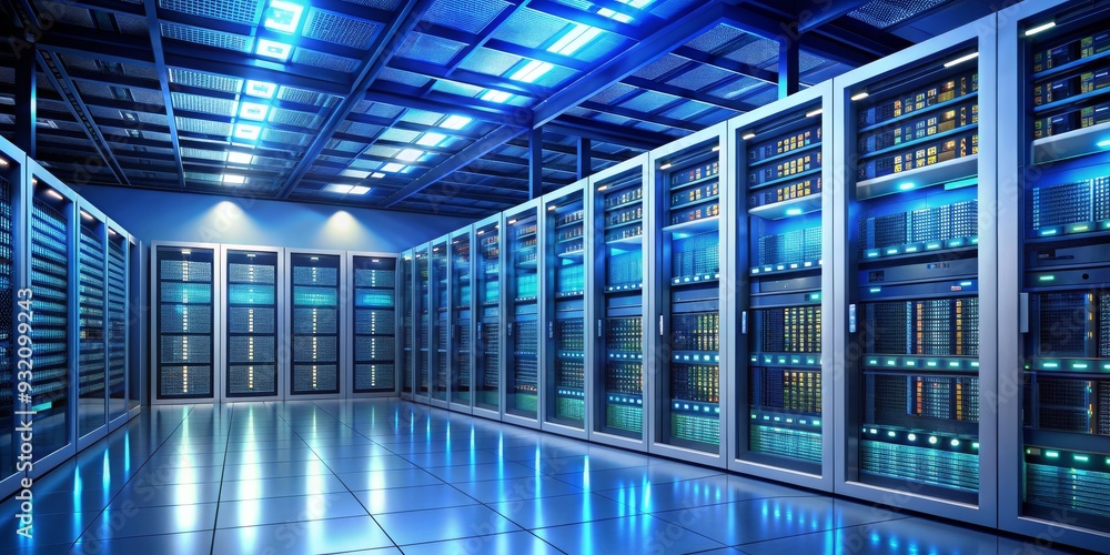 Data Center Server Room with Blue Lights, 3D Rendering, Server Racks, Data Storage, server room , data center , networking Data Center Server Room with Blue Lights, 3D Rendering, Server Racks, Data Storage, server room , data center , networking