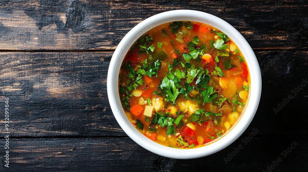 Hot vegetable soup is served in a white bowl on a dark wooden table Hot vegetable soup is served in a white bowl on a dark wooden table