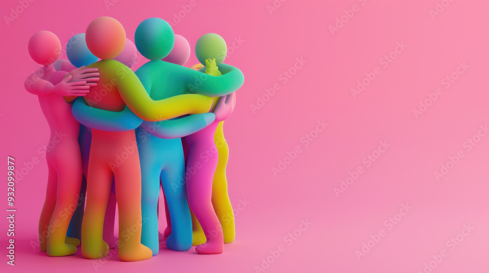 A group of colorful human figures hugging each other on a pink background, in a minimalist style A group of colorful human figures hugging each other on a pink background, in a minimalist style