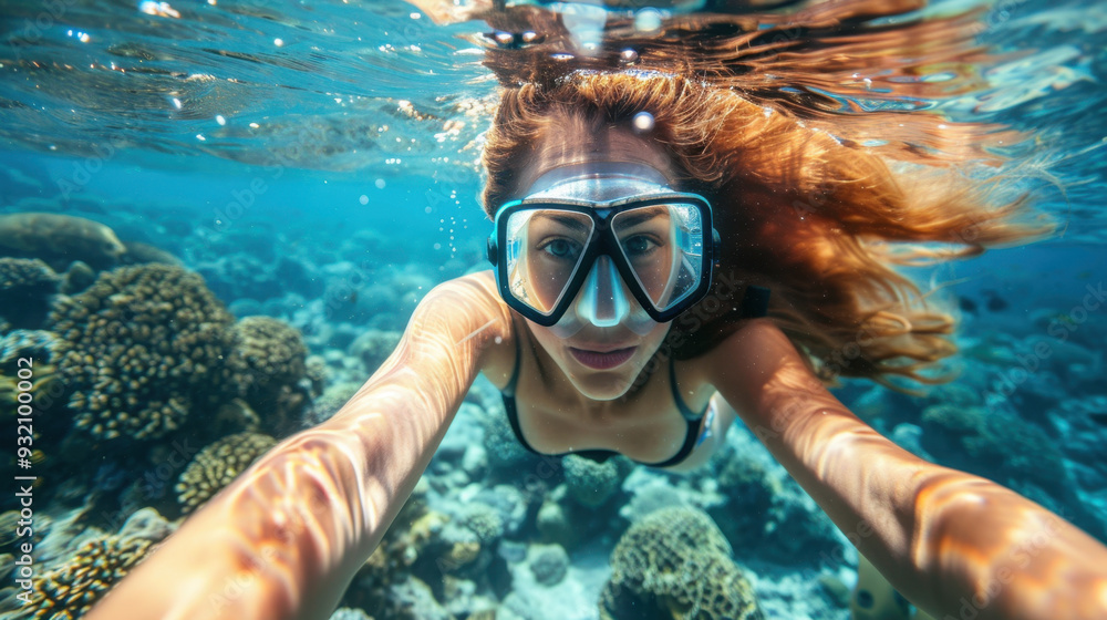 Fototapeta premium A girl in goggles takes a selfie while swimming underwater on a coral reef