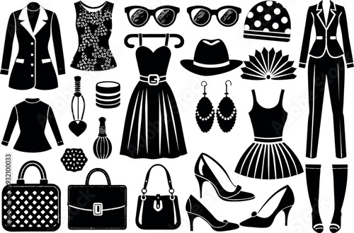 Fashion & Accessories related concept such as Dress, high heels, hat, sunglasses & many more editable stroke outline icons isolated on white background flat vector illustration
