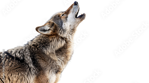 Wolf howling to signal a successful hunt, white background for clipping