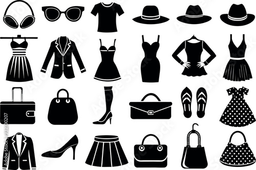 Fashion & Accessories related concept such as Dress, high heels, hat, sunglasses & many more editable stroke outline icons isolated on white background flat vector illustration