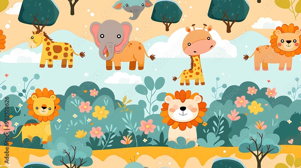 A seamless pattern of cute cartoon lions, giraffes, and elephants exploring the sunlit savannah, surrounded by acacia trees and rolling hills, rich colors, soft sunlight, hd quality, natural look. A seamless pattern of cute cartoon lions, giraffes, and elephants exploring the sunlit savannah, surrounded by acacia trees and rolling hills, rich colors, soft sunlight, hd quality, natural look.