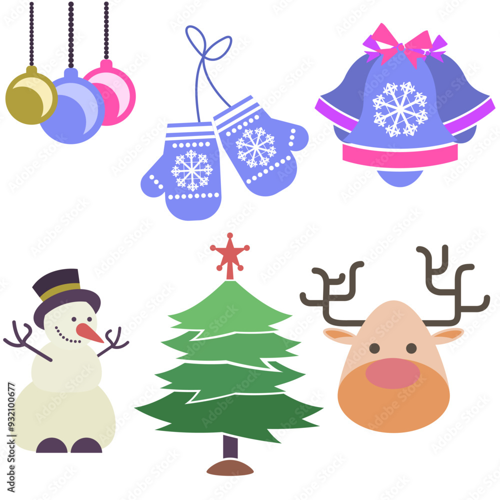 Holiday-themed set includes snowman, reindeer, Christmas tree, mittens, bells, and various colorful ornaments. Perfect for seasonal design, decorating, or creating festive projects. Holiday-themed set includes snowman, reindeer, Christmas tree, mittens, bells, and various colorful ornaments. Perfect for seasonal design, decorating, or creating festive projects.