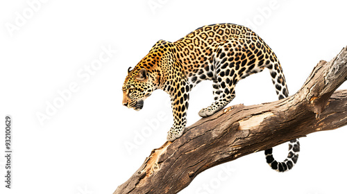 Leopard silently descending from a tree towards its prey, white background for clipping photo