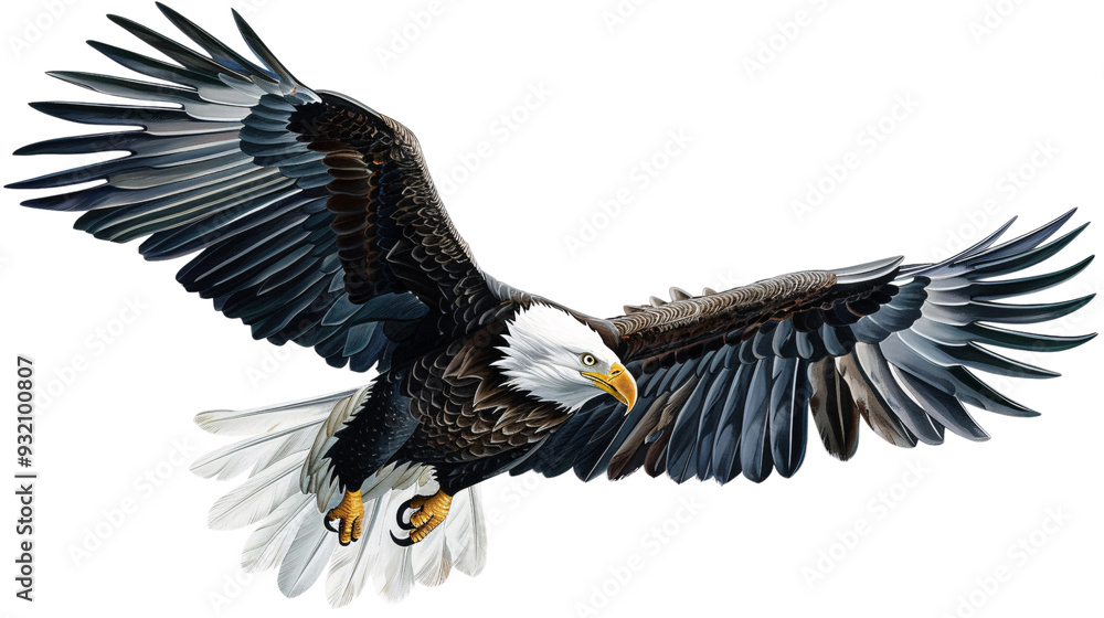 Obraz premium Eagle flying low over the water searching for fish, white background for clipping