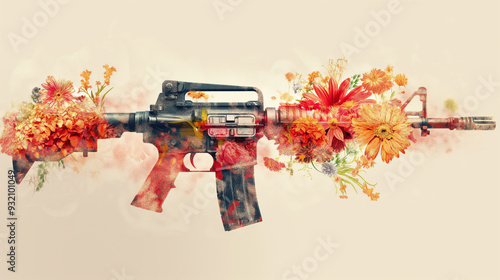 A rifle adorned with vibrant orange and pink flowers, juxtaposing the imagery of war and peace in a powerful artistic statement against violence. photo