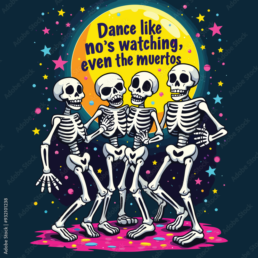 Fun Cartoon Skeletons Dancing Under Full Moon Neon Party T-Shirt Design Fun Cartoon Skeletons Dancing Under Full Moon Neon Party T-Shirt Design