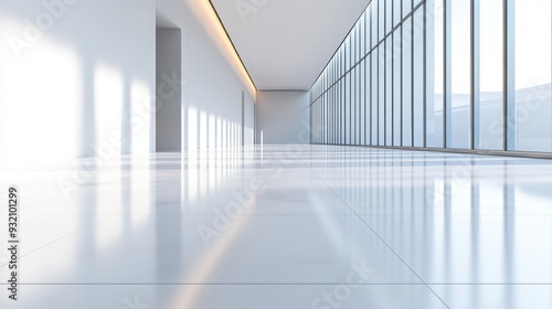 White clean floor stretching into the distance, reflecting a modern, minimalist aesthetic with simplicity and elegance