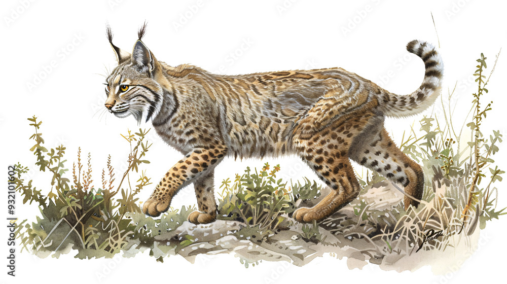 Obraz premium Bobcat sneaking through the underbrush on the trail of a rabbit, white background for clipping