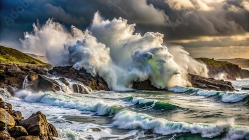 Fierce waves crash against the rocky shoreline, sending sprays of ocean mist high into the air as the turbulent sea rages on beneath a grey sky. photo