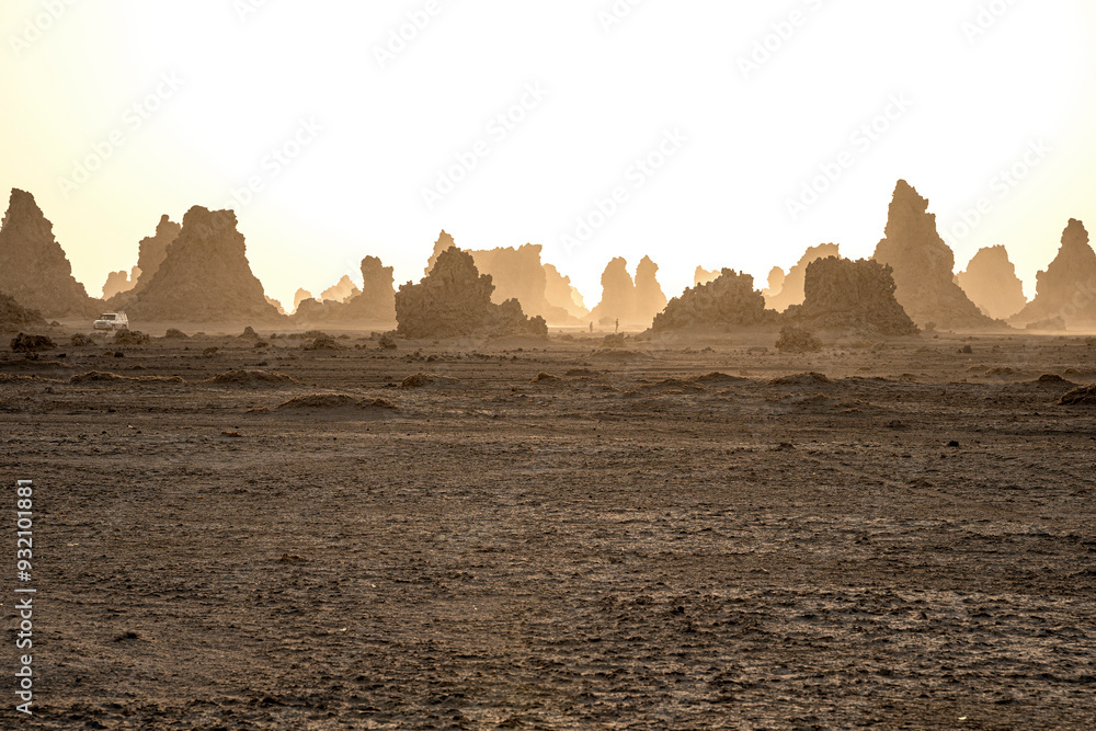 Moon landscape of limestone chimneys geological rock formations in a sunset rays at the bottom of dried salt lake Abbe, Djibouti