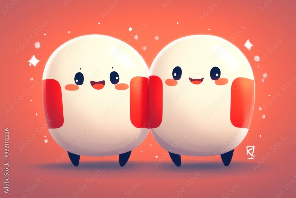 Obraz premium Charming and minimalist illustration of two pill characters hugging each other on a soft orange background symbolizing warmth support and friendship in healthcare