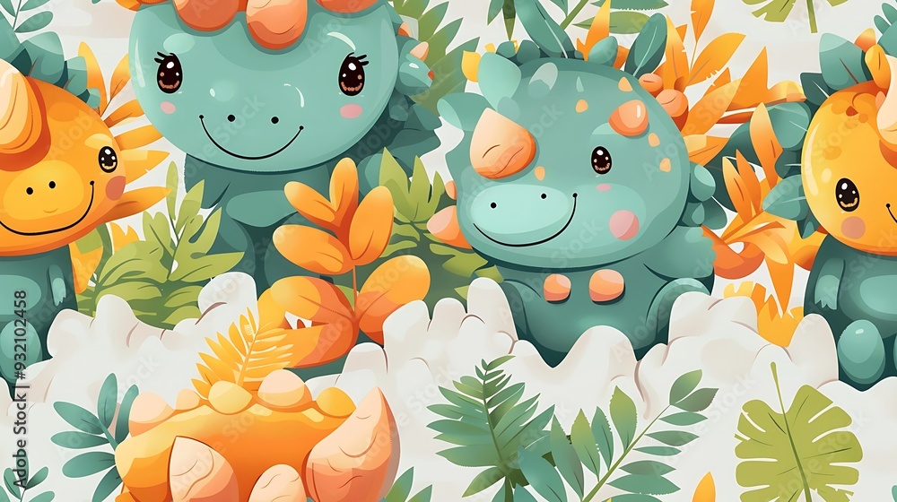 A seamless pattern of cute cartoon Triceratops and Stegosaurus playing among volcanic rocks and lush ferns, bright and warm colors, dynamic poses, detailed textures, hd quality, natural look. A seamless pattern of cute cartoon Triceratops and Stegosaurus playing among volcanic rocks and lush ferns, bright and warm colors, dynamic poses, detailed textures, hd quality, natural look.