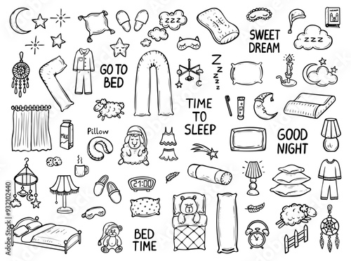Set of bedtime hand drawn doodle. Bedroom items. Go to bed. Good night. Sleeping sheep. Pillows, crescent moon, pajamas, dream catcher, night light, alarm clock. Vector outline line art illustration.