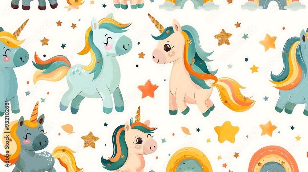Fototapeta premium A seamless pattern of cute cartoon unicorns with glittering horns, dancing on rainbows with golden stars, soft pastel hues, dynamic poses, soft lighting, hd quality, natural look. --ar 16:9 --v 6.
