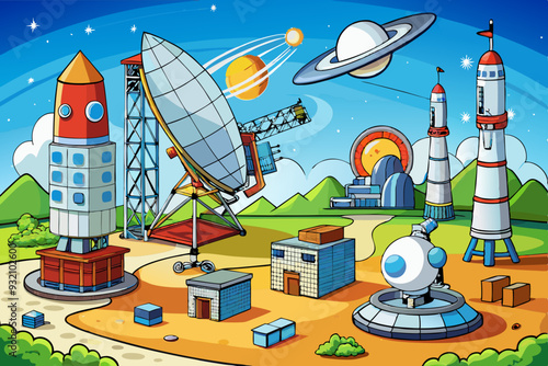 Telecommunication Antennas, Satellite Platforms, and Launch Systems art vector illustration