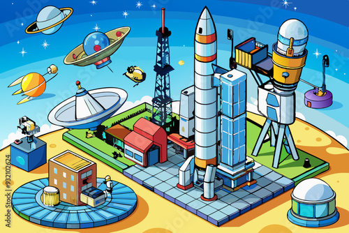 Telecommunication Antennas, Satellite Platforms, and Launch Systems art vector illustration