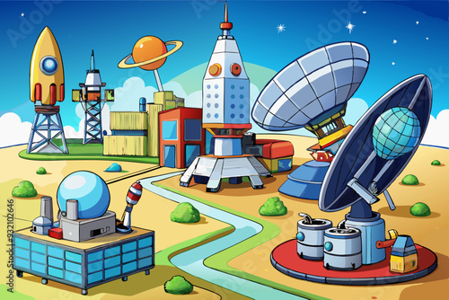 Telecommunication Antennas, Satellite Platforms, and Launch Systems art vector illustration