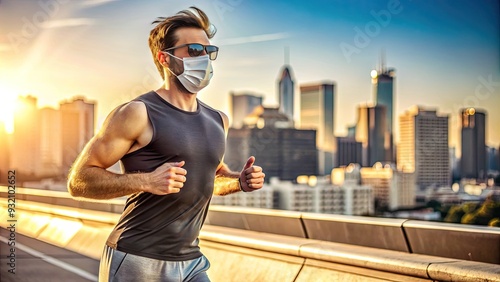 Fit athlete runs on a sunny day, wearing a face mask and sunglasses, with a blurred urban cityscape background, conveying freedom and determination. photo